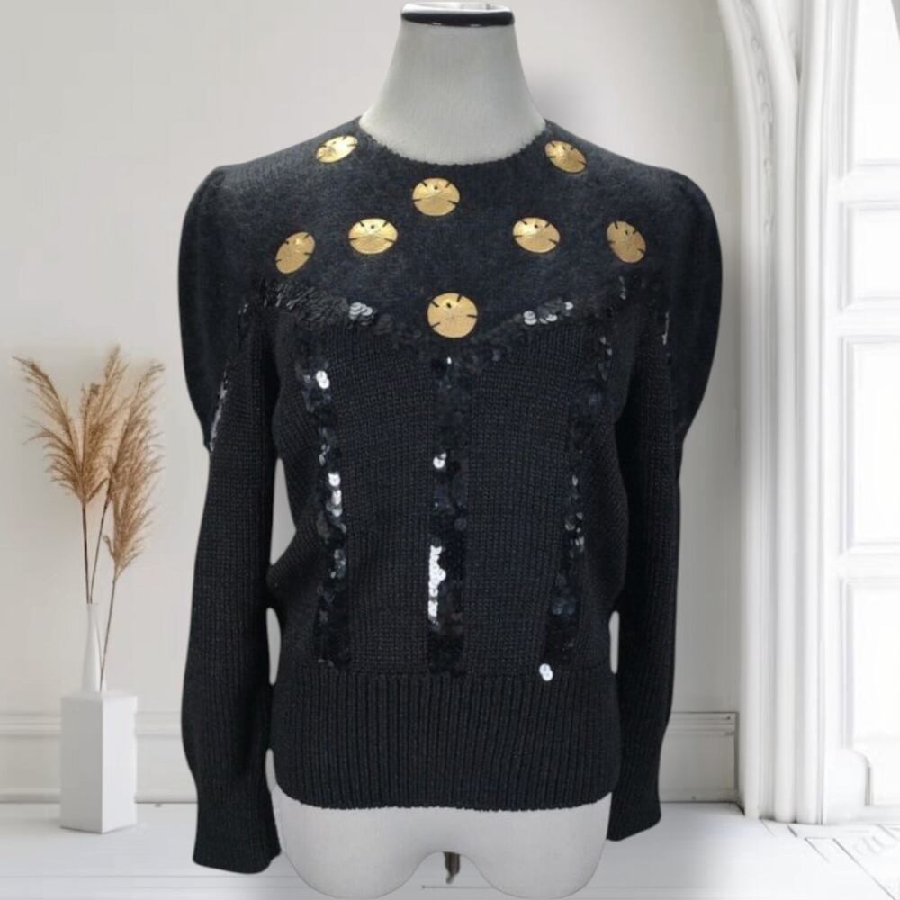 Vintage 80s Black Angora Sequin Sweater Gold Medallion Statement Small